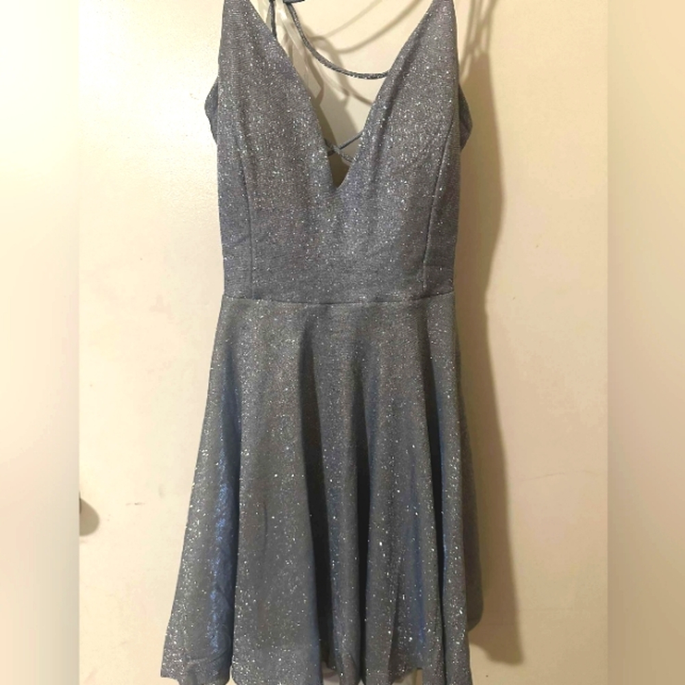 Cinderella style, glittery baby blue dress. Mid thigh